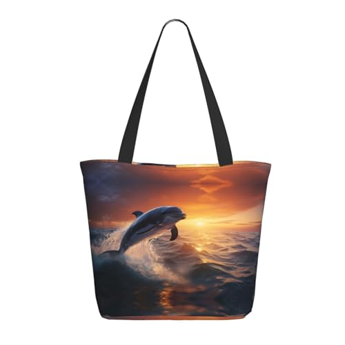 Tragetasche für Damen, große Sonnenuntergang, tanzender Delfin, Tragetasche mit Reißverschluss, Schultertasche, Handtasche für Arbeit und Reisen Tragetasche für Damen, große Sonnenuntergang, tanzender Delfin, Tragetasche mit Reißverschluss, Schultertasche, Handtasche für Arbeit und Reisen von VOSERY
