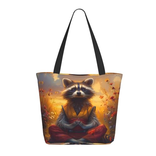 Tragetasche für Damen, große Sonnenuntergangs-Blume, meditierender Waschbär-Tragetasche mit Reißverschluss, Schultertasche, Handtaschen für Arbeit und Reisen Tragetasche für Damen, große Sonnenuntergangs-Blume, meditierender Waschbär-Tragetasche mit Reißverschluss, Schultertasche, Handtaschen für Arbeit und Reisen von VOSERY