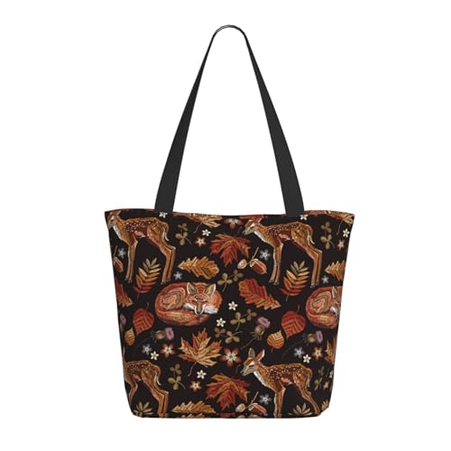 Tragetasche für Damen, große Stickerei, Hirsch, Fuchs, Ahornblatt, Tragetasche mit Reißverschluss, Schultertasche, Handtaschen für Arbeit, Reisen Tragetasche für Damen, große Stickerei, Hirsch, Fuchs, Ahornblatt, Tragetasche mit Reißverschluss, Schultertasche, Handtaschen für Arbeit, Reisen von VOSERY