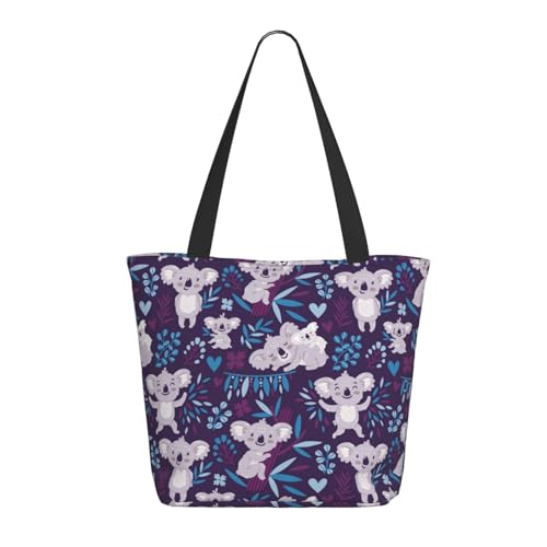 Tragetasche für Damen, große blau-violette Zweige, graue Koala-Tragetasche mit Reißverschluss, Schultertasche, Handtaschen für Arbeit, Reisen Tragetasche für Damen, große blau-violette Zweige, graue Koala-Tragetasche mit Reißverschluss, Schultertasche, Handtaschen für Arbeit, Reisen von VOSERY