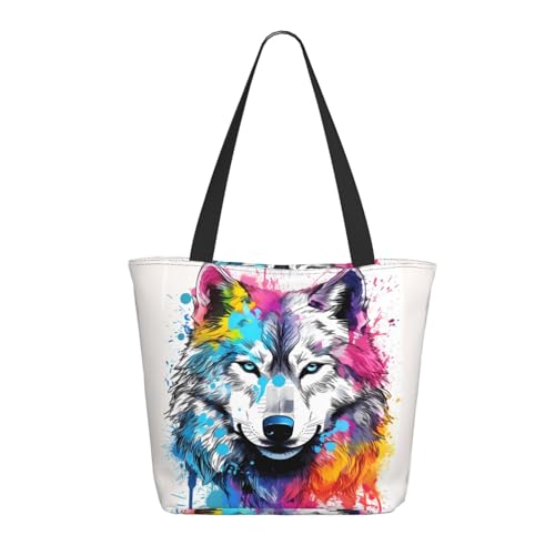 Tragetasche für Damen, große coole bunte Wolf-Tragetasche mit Reißverschluss, Schultertasche, Handtasche für Arbeit und Reisen Tragetasche für Damen, große coole bunte Wolf-Tragetasche mit Reißverschluss, Schultertasche, Handtasche für Arbeit und Reisen von VOSERY