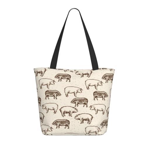 Tragetasche für Damen, große handgezeichnete Cartoon-Schweine-Tragetasche mit Reißverschluss, Schultertasche, Handtaschen für Arbeit und Reisen von VOSERY