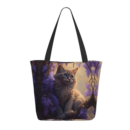 Tragetasche für Damen, große lila Blume, faule Katze, Tragetasche mit Reißverschluss, Schultertasche, Handtaschen für Arbeit und Reisen Tragetasche für Damen, große lila Blume, faule Katze, Tragetasche mit Reißverschluss, Schultertasche, Handtaschen für Arbeit und Reisen von VOSERY