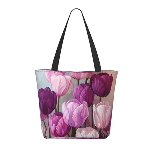 Tragetasche für Damen, große lila und rosa Tulpenstrauß-Tragetasche mit Reißverschluss, Schultertasche, Handtaschen für Arbeit, Reisen Tragetasche für Damen, große lila und rosa Tulpenstrauß-Tragetasche mit Reißverschluss, Schultertasche, Handtaschen für Arbeit, Reisen von VOSERY