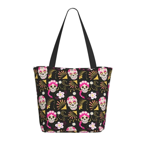 Tragetasche für Damen, große rosa Totenkopf-Gänseblümchen, Tragetasche mit Reißverschluss, Schultertasche, Handtaschen für Arbeit und Reisen Tragetasche für Damen, große rosa Totenkopf-Gänseblümchen, Tragetasche mit Reißverschluss, Schultertasche, Handtaschen für Arbeit und Reisen von VOSERY