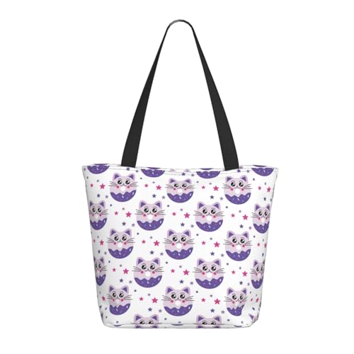 Tragetasche für Damen, große süße Katze, Donut-Druck, violett, Tragetasche mit Reißverschluss, Schultertasche, Handtaschen für Arbeit und Reisen Tragetasche für Damen, große süße Katze, Donut-Druck, violett, Tragetasche mit Reißverschluss, Schultertasche, Handtaschen für Arbeit und Reisen von VOSERY