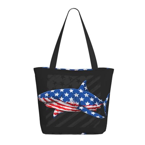 Tragetasche für Damen, großer Hai mit USA-Flagge, Tragetasche mit Reißverschluss, Schultertasche, Handtaschen für Arbeit, Reisen Tragetasche für Damen, großer Hai mit USA-Flagge, Tragetasche mit Reißverschluss, Schultertasche, Handtaschen für Arbeit, Reisen von VOSERY