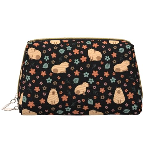 VOSERY Capybaras Make-up-Tasche, Kosmetiktasche, Reise-Kulturbeutel für Damen, Blumenmuster, große Kapazität, Make-up-Tasche, Organizer, niedliche Make-up-Tasche, wasserdicht, Leder von VOSERY