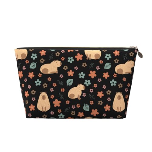 VOSERY Capybaras Make-up-Tasche aus Leder, Kosmetiktasche, Reise-Kulturbeutel für Damen, Blumenmuster, niedliche Make-up-Tasche, wasserdichte Make-up-Tasche von VOSERY