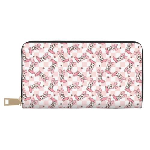 VOSERY Damen Geldbörse Leder Bifold Multi Card Wallet Pink Checkerboard Cowgirl Stiefel Damen Lange Geldbörse Portemonnaies von VOSERY