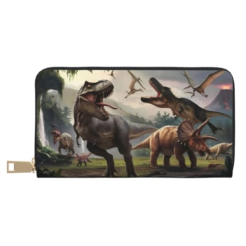 VOSERY Geldbörse Damen, Leder Bifold Multi Card Wallet, Forest Park Dinosaurier Damen Lange Geldbörse Geldbörsen von VOSERY