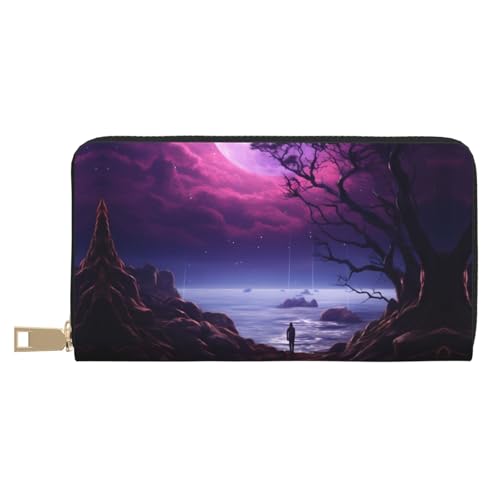 VOSERY Geldbörse Damen, Leder Bifold Multi Card Wallet, Lila Moon Tree Night Sky Damen Lange Geldbörse Geldbörsen von VOSERY
