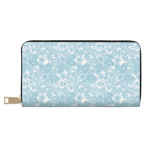 VOSERY Geldbörse Damen, Leder Bifold Multi Card Wallet, Weiß Hellblau Paisley Damen Lange Geldbörse Geldbörsen von VOSERY