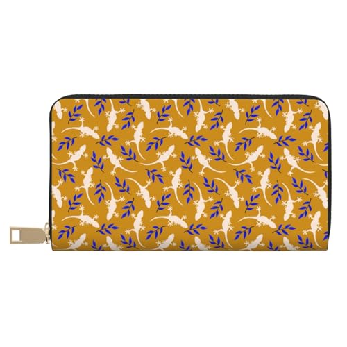 VOSERY Geldbörse Damen, Leder Bifold Multi Card Wallet, White Gecko Lizard Blue Leaves Damen Lange Geldbörse Geldbörsen VOSERY Geldbörse Damen, Leder Bifold Multi Card Wallet, White Gecko Lizard Blue Leaves Damen Lange Geldbörse Geldbörsen von VOSERY