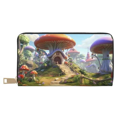 VOSERY Geldbörse Damen, Leder Bifold Multi Card Wallet Cute Mushroom Town Damen Geldbörsen Lange Geldbörse von VOSERY