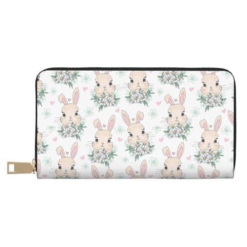 VOSERY Geldbörse Damen, Leder Bifold Multi Card Wallet Cute Rabbit White Flower Damen Geldbörsen Lange Geldbörse von VOSERY