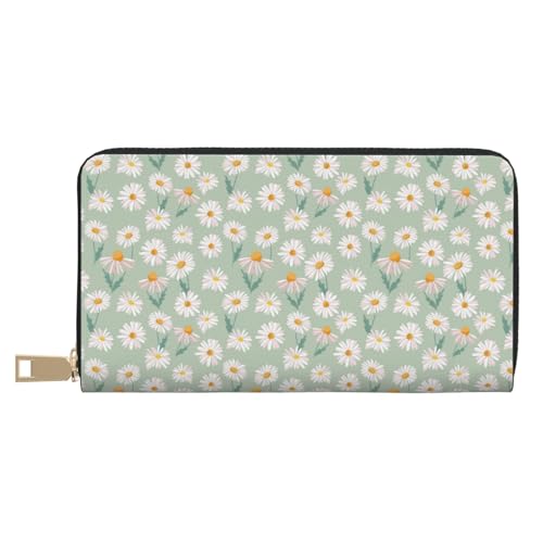 VOSERY Geldbörse Damen, Leder Bifold Multi Card Wallet Gänseblümchen Blumen Hellgrün Damen Lange Geldbörse Geldbörsen von VOSERY