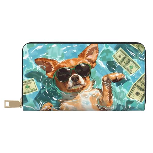 VOSERY Geldbörse Damen, Leder Bifold Multi Card Wallet Lustige Schwimmen Chihuahua Damen Geldbörsen Lange Geldbörse von VOSERY