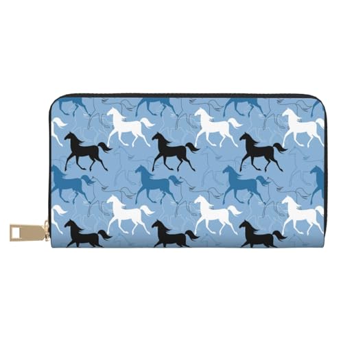 VOSERY Geldbörse Damen, Leder Bifold Multi Card Wallet Minimalistische Linie Pferd Schwarz Weiß Damen Lange Geldbörse Geldbörsen von VOSERY
