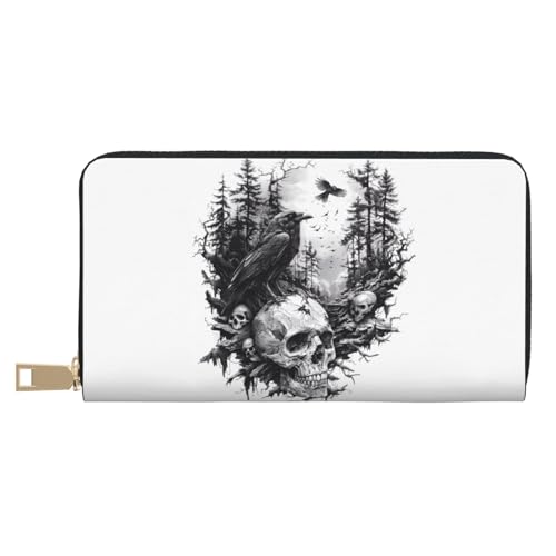 VOSERY Geldbörse Damen, Leder Bifold Multi Card Wallet Raven Skulls Forest Damen Lange Geldbörse Geldbörsen von VOSERY