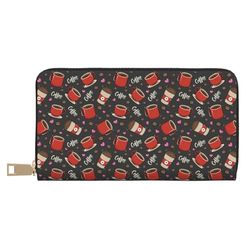 VOSERY Geldbörse Damen, Leder Bifold Multi Card Wallet Red Mug Coffee Print Damen Lange Geldbörse Geldbörsen von VOSERY