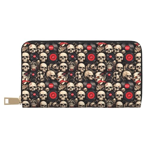 VOSERY Geldbörse Damen, Leder Bifold Multi Card Wallet Rock Record Skull Damen Lange Geldbörse Geldbörsen von VOSERY