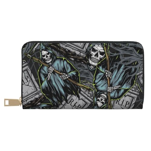 VOSERY Geldbörse Damen, Leder Bifold Multi Card Wallet Sensenmann Grabsteine Muster Damen Lange Geldbörse Geldbörsen VOSERY Geldbörse Damen, Leder Bifold Multi Card Wallet Sensenmann Grabsteine Muster Damen Lange Geldbörse Geldbörsen von VOSERY