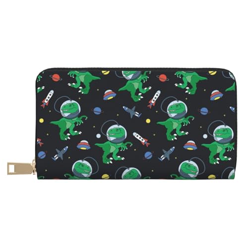 VOSERY Geldbörse Damen, Leder Bifold Multi Card Wallet Space Dinosaurier Rakete Damen Geldbörsen Lange Geldbörse von VOSERY