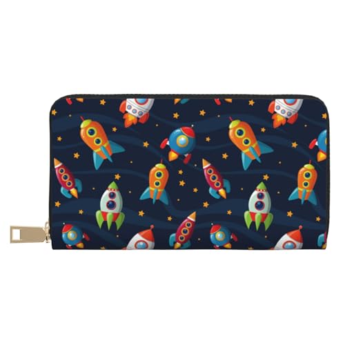 VOSERY Geldbörse Damen, Leder Bifold Multi Card Wallet Spaceships und Stars Damen Geldbörsen Lange Geldbörse von VOSERY