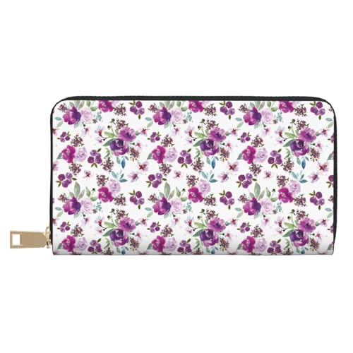 VOSERY Geldbörse Damen, Leder Bifold Multi Card Wallet Veilchen Blumen Lila Damen Lange Geldbörse Geldbörsen von VOSERY