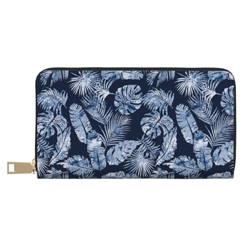 VOSERY Geldbörse Damen Leder Bifold Multi Card Wallet Blau Blätter Hawaii Stil Damen Geldbörsen Lange Geldbörse von VOSERY