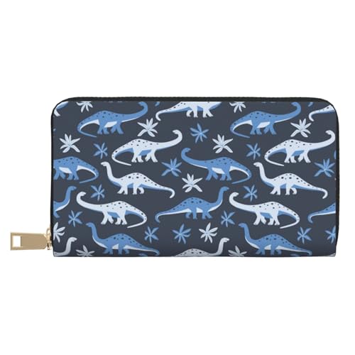 VOSERY Geldbörse Damen Leder Bifold Multi Card Wallet Blau Dinosaurier Blätter Damen Geldbörsen Lange Geldbörse von VOSERY