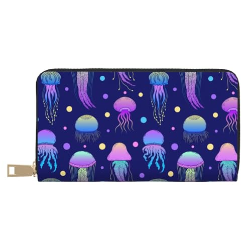 VOSERY Geldbörse Damen Leder Bifold Multi Card Wallet Blau Lila Quallen Damen Geldbörsen Lange Geldbörse von VOSERY
