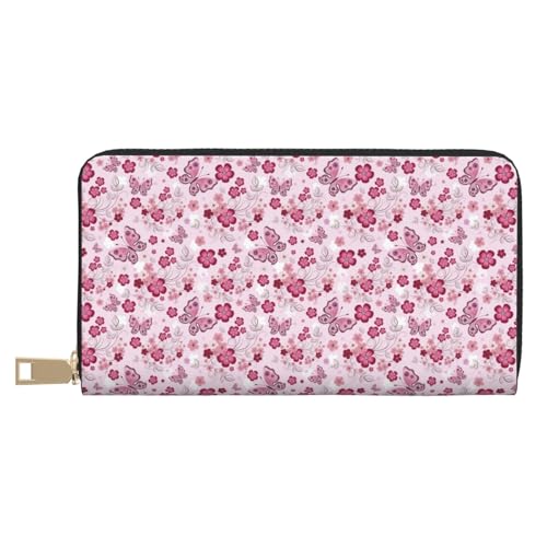 VOSERY Geldbörse Damen Leder Bifold Multi Card Wallet Blume Schmetterling Rosa Damen Lange Geldbörse Geldbörsen von VOSERY