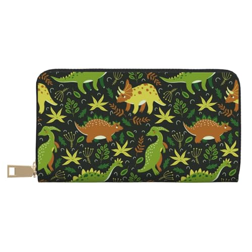 VOSERY Geldbörse Damen Leder Bifold Multi Card Wallet Cute Green Dinosaurier Blätter Damen Geldbörsen Lange Geldbörse von VOSERY