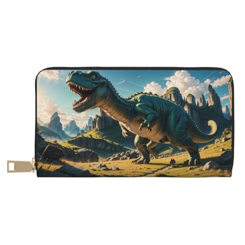 VOSERY Geldbörse Damen Leder Bifold Multi Card Wallet Cute Green Dinosaurier Blue Sky Damen Geldbörsen Lange Geldbörse von VOSERY