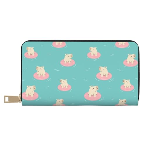 VOSERY Geldbörse Damen Leder Bifold Multi Card Wallet Cute Swim Capybaras Damen Geldbörsen Lange Geldbörse von VOSERY
