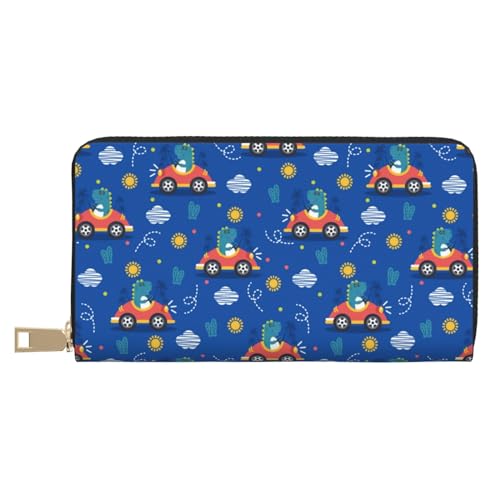 VOSERY Geldbörse Damen Leder Bifold Multi Card Wallet Dinosaurier Fahren Damen Geldbörsen Lange Geldbörse von VOSERY