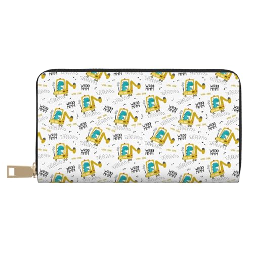VOSERY Geldbörse Damen Leder Bifold Multi Card Wallet Dinosaurier auf Bagger Damen Lange Geldbörse Geldbörsen von VOSERY
