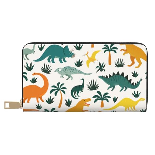 VOSERY Geldbörse Damen Leder Bifold Multi Card Wallet Dinosaurier und Tropische Blätter Damen Lange Geldbörse Geldbörsen von VOSERY