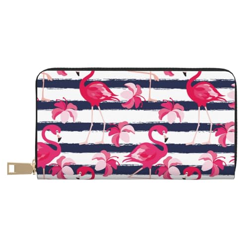 VOSERY Geldbörse Damen Leder Bifold Multi Card Wallet Dunkelblau Streifen Flamingos Damen Geldbörsen Lange Geldbörse von VOSERY