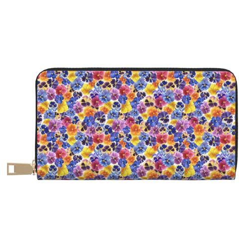 VOSERY Geldbörse Damen Leder Bifold Multi Card Wallet Garten Tricolor Stiefmütterchen Blume Damen Lange Geldbörse Geldbörsen von VOSERY