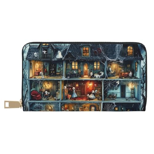 VOSERY Geldbörse Damen Leder Bifold Multi Card Wallet Halloween Gruseliges Puppenhaus Damen Lange Geldbörse Geldbörsen von VOSERY