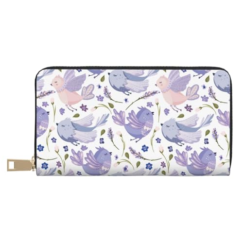 VOSERY Geldbörse Damen Leder Bifold Multi Card Wallet Lavendel Blumen Vogel Lila Damen Geldbörsen Lange Geldbörse von VOSERY