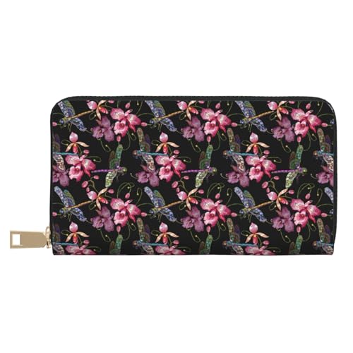 VOSERY Geldbörse Damen Leder Bifold Multi Card Wallet Libelle Rosa Blume Damen Lange Geldbörse Geldbörsen von VOSERY