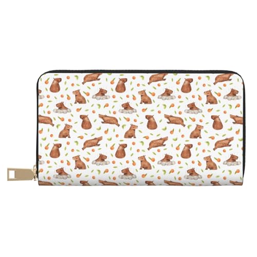 VOSERY Geldbörse Damen Leder Bifold Multi Card Wallet Mandarine Capybara Print Damen Lange Geldbörse Geldbörsen von VOSERY