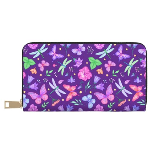 VOSERY Geldbörse Damen Leder Bifold Multi Card Wallet Pink Lila Schmetterling Blume Damen Geldbörsen Lange Geldbörse von VOSERY