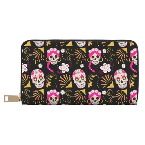 VOSERY Geldbörse Damen Leder Bifold Multi Card Wallet Pink Skull Daisy Damen Geldbörsen Lange Geldbörse von VOSERY