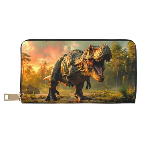 VOSERY Geldbörse Damen Leder Bifold Multi Card Wallet Realistischer Stil Wald Dinosaurier Damen Geldbörsen Lange Geldbörse von VOSERY
