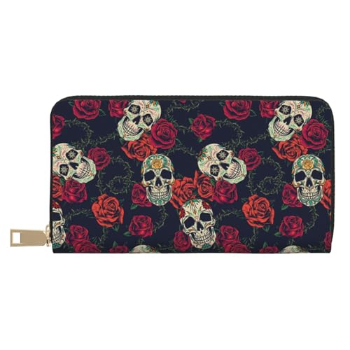 VOSERY Geldbörse Damen Leder Bifold Multi Card Wallet Rosen Totenkopf Damen Geldbörsen Lange Geldbörse von VOSERY